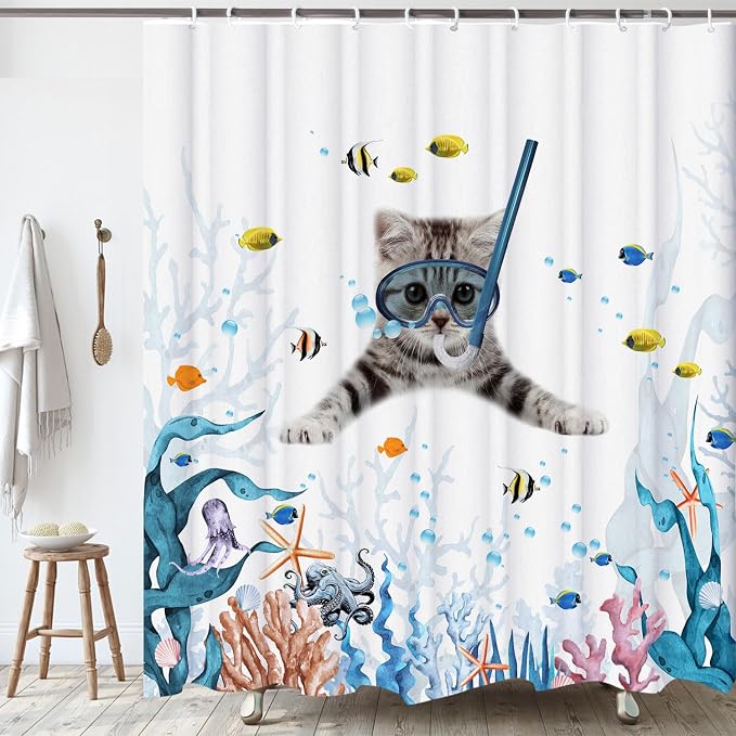 Funny Cat Shower Curtain,Cute Cat Teal Blue Sea OceanShower Curtain Set,Underwater Animal Fabric Shower Curtains for Bathroom with Hooks 72X72inches
