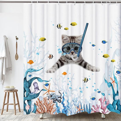 Funny Cat Shower Curtain,Cute Cat Teal Blue Sea OceanShower Curtain Set,Underwater Animal Fabric Shower Curtains for Bathroom with Hooks 72X72inches