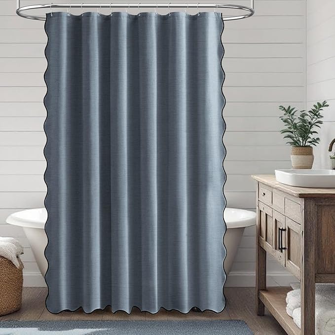 BTTN 84 inch Shower Curtain, Extra Long Scalloped Boho Linen Textured Fabric Shower Curtain Set with 12 Hooks, Large Vintage Elegant Waterproof Cloth Shower Curtains for Bathroom,72x84, Blue Grey