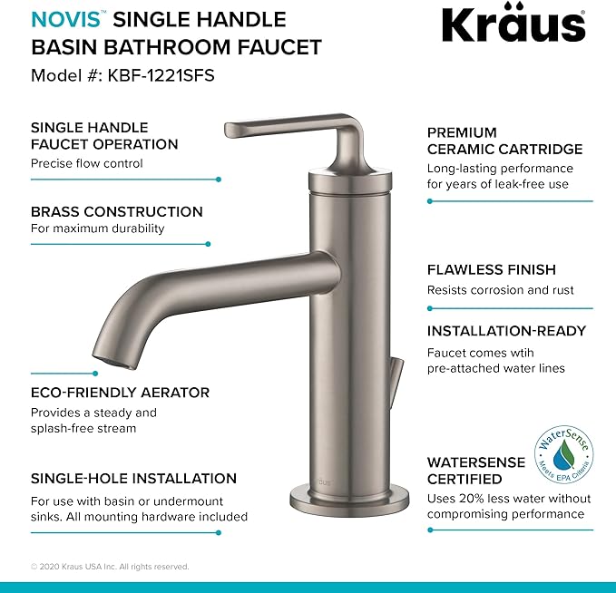 KRAUS Ramus Single Handle Bathroom Sink Faucet with Lift Rod Drain in Spot Free Stainless Steel, KBF-1221SFS-2PK