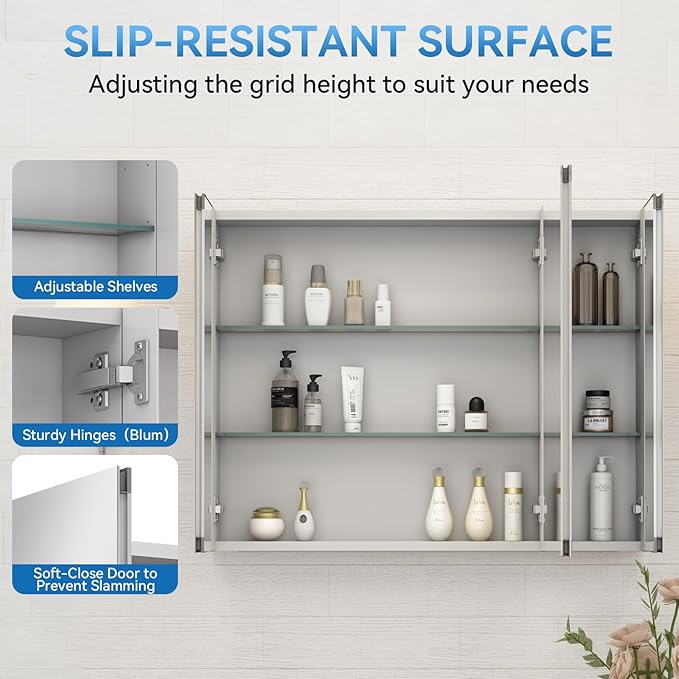 Sunrosa Aluminum Bathroom Medicine Cabinet with Mirror Door, 30"×27.5" Bathroom Mirror Cabinet, Wall-mountable and Recessed-in Mirror Cabinet, 2 Doors Medicine Cabinet Organizer