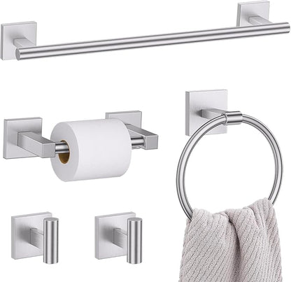 Lairuier Brushed Nickel Bathroom Accessories, Towel Bar Set Wall Mounted | 5 Pieces Bathroom Hardware Set, SUS304 Stainless Steel Double Base 23.6" Towel Bar, Towel Ring, Toilet Paper Holder & Hooks
