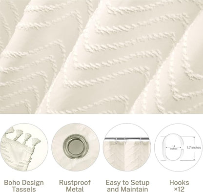 Siiluminisoy Extra Long Boho Shower Curtain Woven Fabric 84 in Cream Shower Curtain, 72 x 84, Tufted Chevron Striped Modern Chic Textured Minimalist Bathroom Shower Curtains