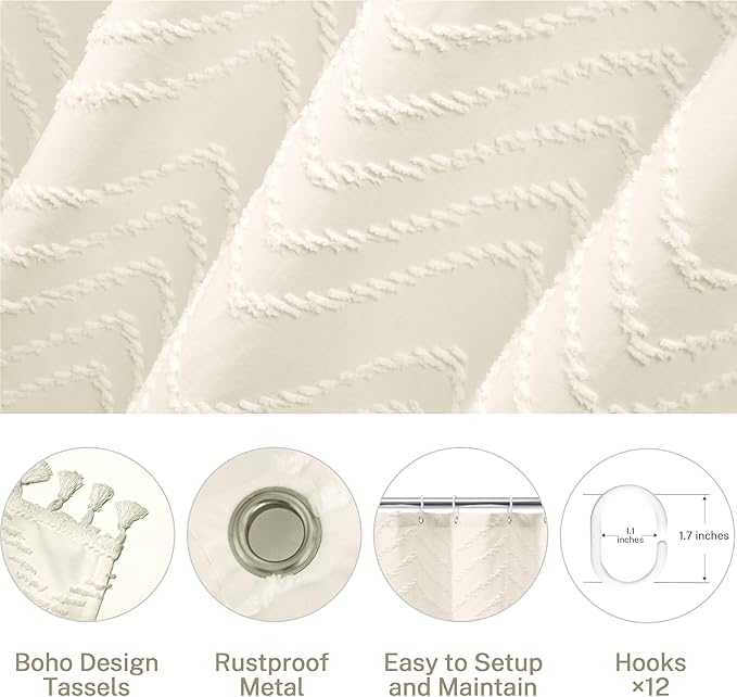 Siiluminisoy Farmhouse Boho Shower Curtain, Woven Fabric Cream Long, 72 x 78, Tufted Chevron Striped Modern Chic Textured Minimalist Bathroom Curtain