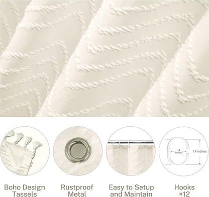 Siiluminisoy Farmhouse Boho Shower Curtain, Woven Fabric Cream Long, 72 x 78, Tufted Chevron Striped Modern Chic Textured Minimalist Bathroom Curtain