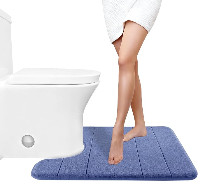 Yimobra Memory Foam Toilet Bath Mat U-Shaped, Soft and Comfortable, Super Water Absorption, Non-Slip, Thick, Machine Wash and Easier to Dry for Bathroom Commode Contour Rug, 24 X 20 Inches, Navy Blue