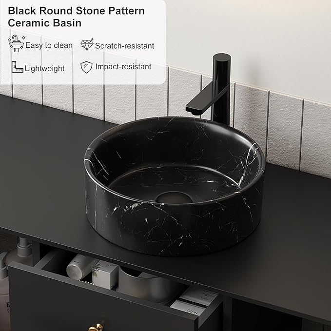 48" Floating Bathroom Vanity with Sink, Plywood Storage Cabinet with Stone Pattern Ceramic Basin and Marble Top, 2 Large Soft-Closing Storage Drawers, Pre-Assembled Cabinet, Gloss Black