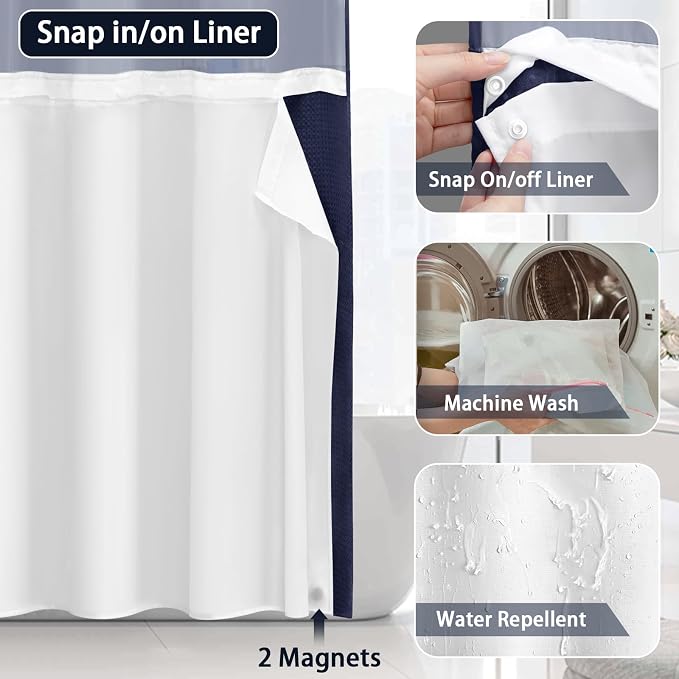No Hook Shower Curtain and Liner Set,Blue Hotel Waffle Shower Curtain with Liner 75" L x 72" W