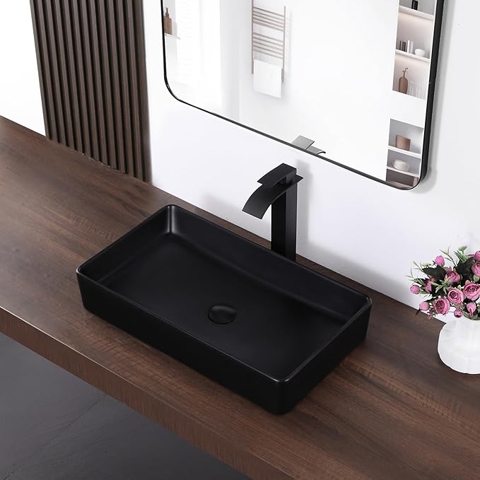 Black Vessel Sink Rectangle 24"x14" Bathroom Sink Above Counter Porcelain Ceramic Small Sink Bowl Ceramic Vessel Sinks for Bathrooms
