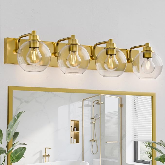 4 Light Bathroom Light Fixtures-Brushed Gold Bathroom Vanity Lights, Modern Vanity Lights 4-Light Bathroom Lighting Fixtures Over Mirror with Clear Glass Globe Shade