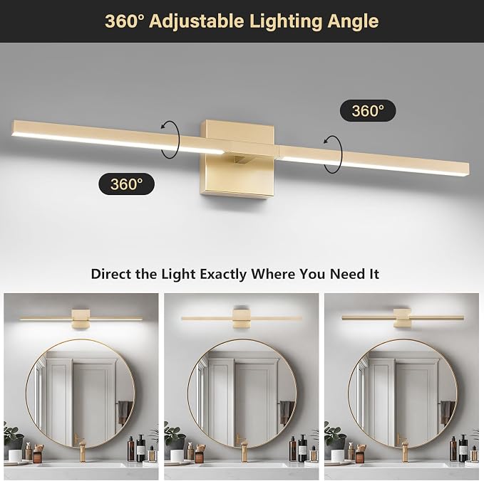 Gold Bathroom Vanity Light, 24 Inch LED Light Bar Over Mirror | Modern Bathroom Light Fixture Over Mirror for Vanity, 360° Rotatable Dimmable LED Wall Mounted Lighting, ETL Certified
