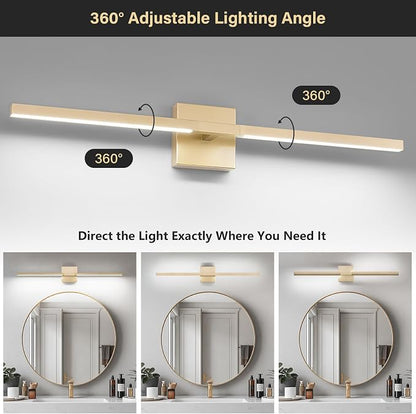 Gold Bathroom Vanity Light, 24 Inch LED Light Bar Over Mirror | Modern Bathroom Light Fixture Over Mirror for Vanity, 360° Rotatable Dimmable LED Wall Mounted Lighting, ETL Certified
