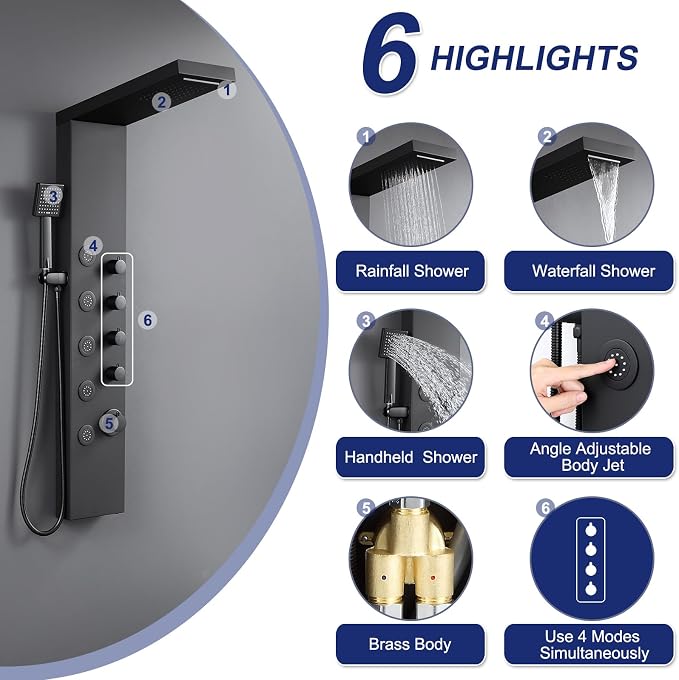 ROVATE 4-in-1 Rainfall Waterfall Shower Panel Tower System, Matte Black | Shower Column with Body Massage Jets and Handheld, Stainless Steel High Pressure, Use Multiple Functions Simultaneously