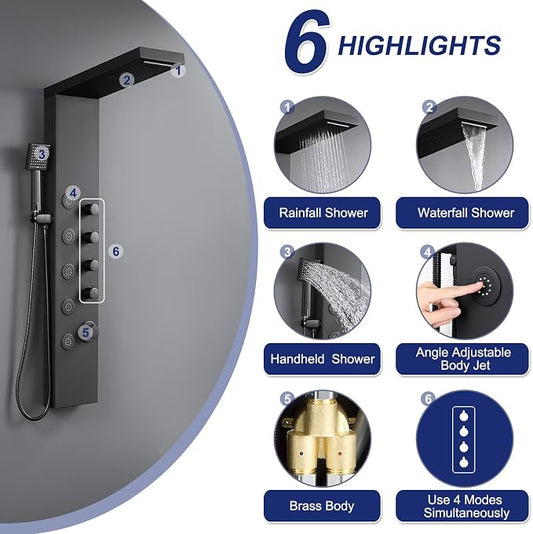 ROVATE 4-in-1 Rainfall Waterfall Shower Panel Tower System, Matte Black | Shower Column with Body Massage Jets and Handheld, Stainless Steel High Pressure, Use Multiple Functions Simultaneously