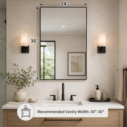 24x36 Matte Black Framed Rectangle Bathroom Vanity Wall Mirror | Over-Sink Vanity Mirror, Slim Metal Frame, Entryway or Dresser Use, Vertical/Horizontal Mount, Tempered Glass