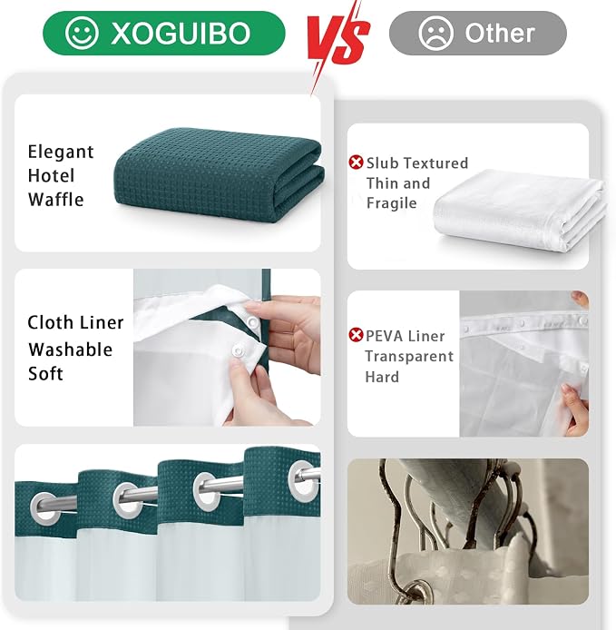 No Hook Shower Curtain and Liner Set,Seaweed Green Hotel Waffle Shower Curtain with Liner 75" L x 72" W