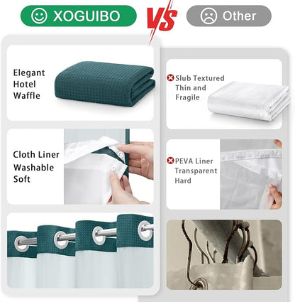 No Hook Shower Curtain and Liner Set,Seaweed Green Hotel Waffle Shower Curtain with Liner 75" L x 72" W