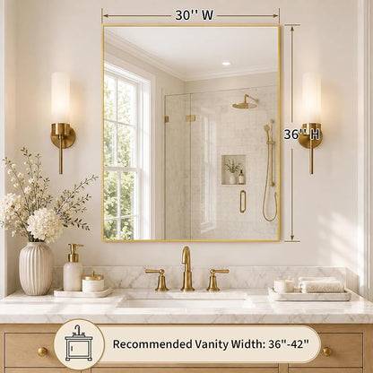 30"x36" Brushed Gold Framed Rectangle Bathroom Vanity Wall Mirror | Over-Sink Vanity Mirror, Slim Metal Frame, Entryway or Dresser Use, Vertical/Horizontal Mount, Tempered Glass