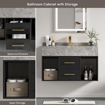 homary 35.4" Floating Bathroom Vanity with Sink, Modern Wall-Mounted Vanity Bathroom Cabinet with Sintered Stone Countertop, Undermount Sink & Black, 2 Open Storage Shelves