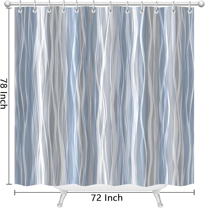 Moonslim Blue Grey Ombre Shower Curtain, Modern Wavy Abstract Striped Line Bathroom Curtain, Waterproof Fabric Bath Decor, 72 x 78 Inch