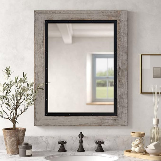 YOSHOOT Rustic Wooden Framed Wall Mirror, 30"x20", Natural Wood and Iron Bathroom Vanity Mirror for Farmhouse Decor, Vertical or Horizontal Hanging