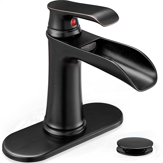 Brass Waterfall Faucet, Oil Rubbed Bronze Bathroom Faucet, 4 Inch Bathroom Sink Faucet 1 Hole or 3 Holes, 1 Handle Bathroom Faucets with Pop Up Drain Deck Plate Supply Hose for Antique Farmhouse