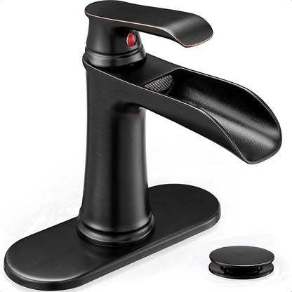 Brass Waterfall Faucet, Oil Rubbed Bronze Bathroom Faucet, 4 Inch Bathroom Sink Faucet 1 Hole or 3 Holes, 1 Handle Bathroom Faucets with Pop Up Drain Deck Plate Supply Hose for Antique Farmhouse
