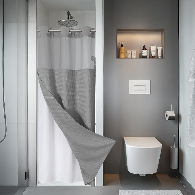 eachope No Hook Waffle Shower Curtain with Snap-in Liner, 36x74 Inch, Grey | 230GSM waffle weave fabric, waterproof liner set with 2 bottom magnets, mesh window, washable, for shower stalls or bathrooms
