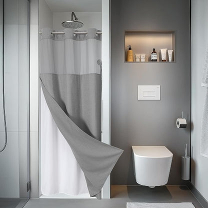 eachope No Hook Waffle Shower Curtain with Snap-in Liner, 36x74 Inch, Grey | 230GSM waffle weave fabric, waterproof liner set with 2 bottom magnets, mesh window, washable, for shower stalls or bathrooms