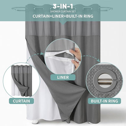 eachope No Hook Waffle Shower Curtain with Snap-in Liner, 36x74 Inch, Grey | 230GSM waffle weave fabric, waterproof liner set with 2 bottom magnets, mesh window, washable, for shower stalls or bathrooms