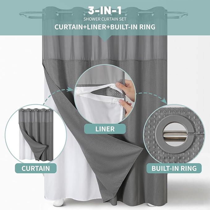 eachope No Hook Waffle Shower Curtain with Snap-in Liner, 71x82 Inch, Grey | 230 GSM waffle weave fabric, waterproof liner set with 2 bottom magnets, mesh top window, washable, for bathroom or hotel use