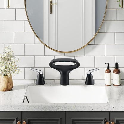 Black Bathroom Faucets for Sink 3 Hole, 8 Inch Modern Bathroom Faucet with Adjustable Spout, Solid Brass Widespread Sink Faucet with Water Supply Hoses, 2 Chrome Handles