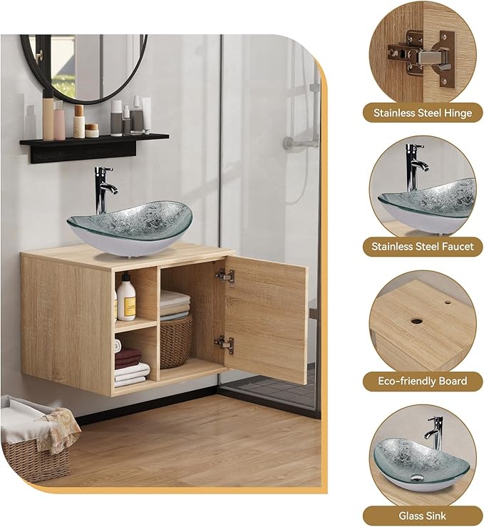 YOURLITE 24" Floating Bathroom Vanity with Sink, Wall-Mounted Bathroom Vanity and Sink Combo with Mirror and Faucet & Pop Up Drain Set Sliver Glass Boat Bathroom Sink