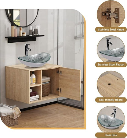 YOURLITE 24" Floating Bathroom Vanity with Sink, Wall-Mounted Bathroom Vanity and Sink Combo with Mirror and Faucet & Pop Up Drain Set Sliver Glass Boat Bathroom Sink