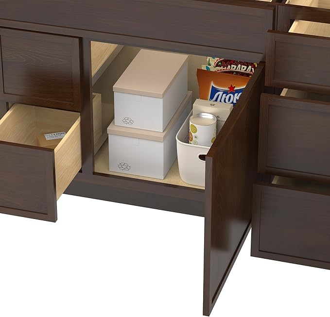 HomeBeyond 84 Inches Bathroom Vanity Base Cabinet Without Sink, Double Sink Top with Door & Soft Closing Drawers, Sturdy Floor Mounted Cabinet 2-Door 7-Drawer, Brown