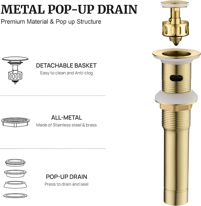 Ultimate Unicorn Bathroom Sink Stopper, with Overflow Hole, Brushed Gold | Pop Up Drain, Made of Metal, Small Cap, with Detachable Basket Stopper, Drain Fast, for Bathroom Vessel Vanity Sink Art Basin