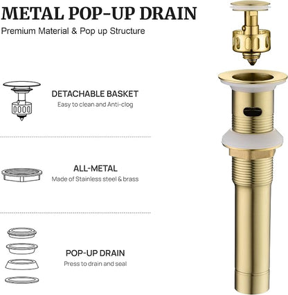 Ultimate Unicorn Bathroom Sink Stopper, with Overflow Hole, Brushed Gold | Pop Up Drain, Made of Metal, Small Cap, with Detachable Basket Stopper, Drain Fast, for Bathroom Vessel Vanity Sink Art Basin