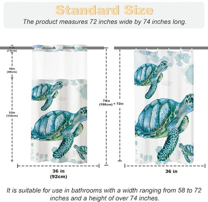 Beach Nautical Sea Turtle Theme No Hook Waffle Weave Shower Curtain with Snap in Liner Nautical Beach Bathroom Blue Ocean Decor Set 36 W x 74 H Inch Teal