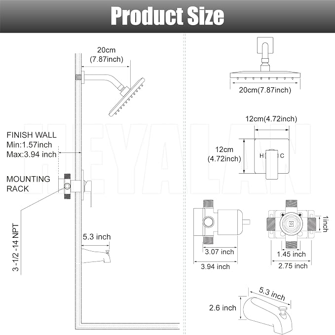 Heyalan 8-Inch Shower Faucet Set with Tub Spout and Valve, Polished Chrome | 8-inch square rainfall head, tub spout with diverter, male-thread rough-in valve, single-handle control and wall-mount design