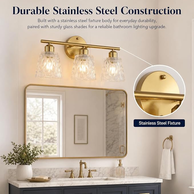 Brushed Gold Bathroom Vanity Light Over Mirror, 3-Light Stainless Steel Bathroom Fixture with Textured Glass Shades, Modern Wall Mount Vanity Lighting, E26 Sockets (Bulbs Not Included)