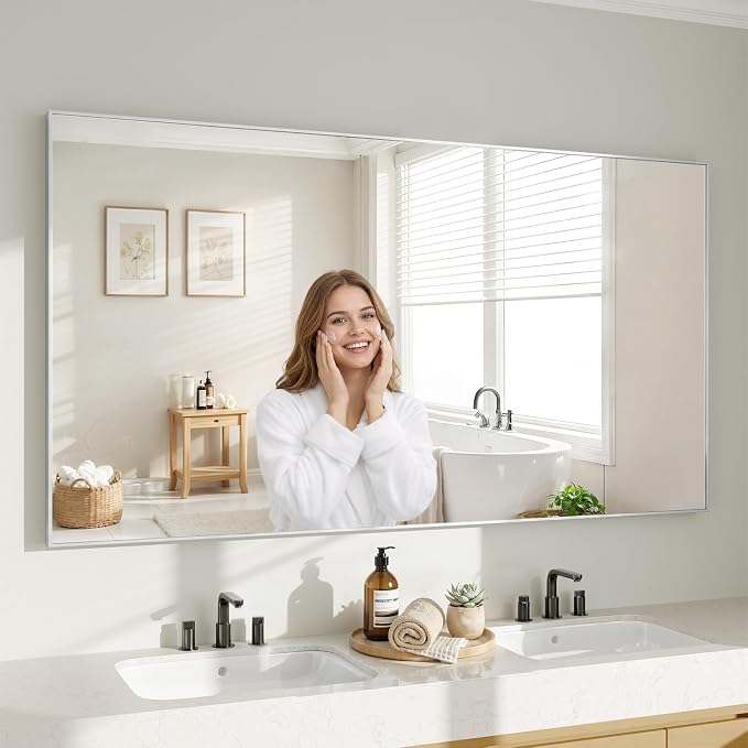 Koonmi Silver Rectangle Wall Mirror, 30x60 Inch Bathroom Mirror, Aluminum Frame Vanity Mirror for Entryway, Living Room, Bedroom Bathroom, Hangs Horizontally or Vertically