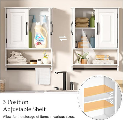 20" x 25" Bathroom Wall Cabinet with Towel Bar, White Painted Wall Mounted Storage Cabinet with Adjustable Shelf, Over The Toilet Medicine Cabinet, Wood Wall Cabinet for Bathroom Laundry Room
