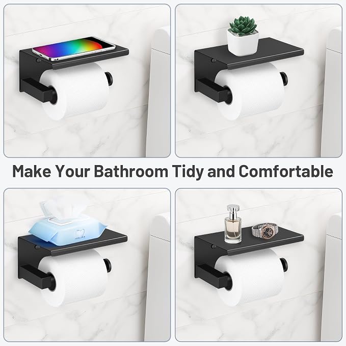 TURS 5-Pieces Matte Black Bathroom Hardware Set 23.6 Inch SUS304 Stainless Steel Towel Bar Set Wall Mounted Square Toilet Paper Holder with Shelf