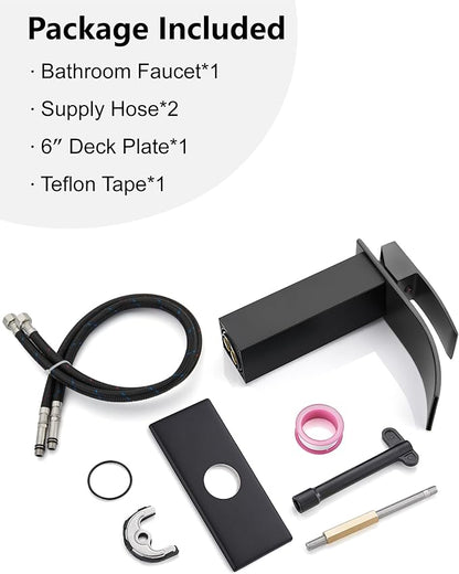 Midanya Waterfall Spout Bathroom Faucet Single Handle 1 Hole Bathroom Sink Faucet,Modern RV Lavatory Vanity Basin Tap with Water Hose,No Drain,Short Body,Matte Black