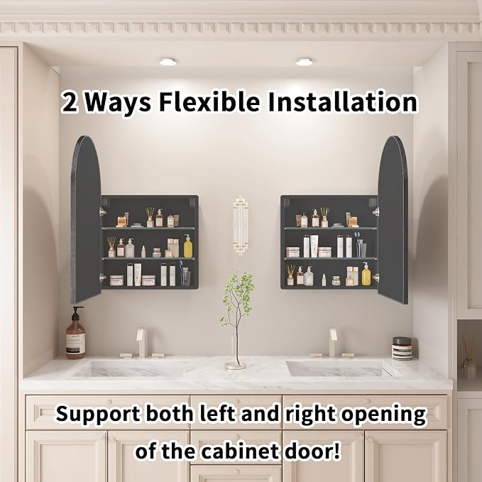 FKWin Medicine Cabinet Mirror, Surface Mount for Small Bathroom, 20x32 Inch | Mirror Medicine Cabinet, Large Storage, Adjustable Shelves, Reversible Door, Space-Saving Design for Small Bathroom, Black