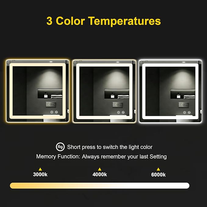 LED Bathroom Mirror with Lights, 30"x30" Lighted Vanity Mirror for Wall | Anti-Fog, Dimmable 3 Color Light, Backlit+Frontlit, Shatterproof Tempered Glass, Memory Function