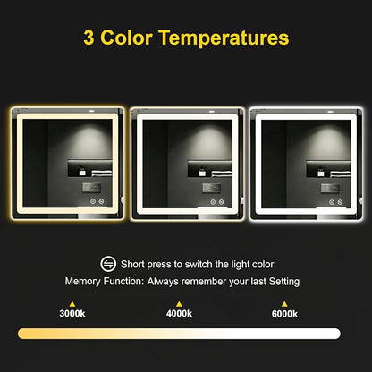 LED Bathroom Mirror with Lights, 30"x30" Lighted Vanity Mirror for Wall | Anti-Fog, Dimmable 3 Color Light, Backlit+Frontlit, Shatterproof Tempered Glass, Memory Function