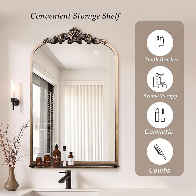 deerlove Traditional Arched Mirror with Shelf, 20.9x31.5 Inch, Antique Gold | Ornate Arched Design, Bronze Frame, Baroque Wall Mirror Shelf, For Bathroom, Bedroom, Entryway, Dining Room, Living Room