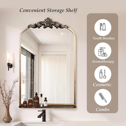 deerlove Traditional Arched Mirror with Shelf, 20.9x31.5 Inch, Antique Gold | Ornate Arched Design, Bronze Frame, Baroque Wall Mirror Shelf, For Bathroom, Bedroom, Entryway, Dining Room, Living Room