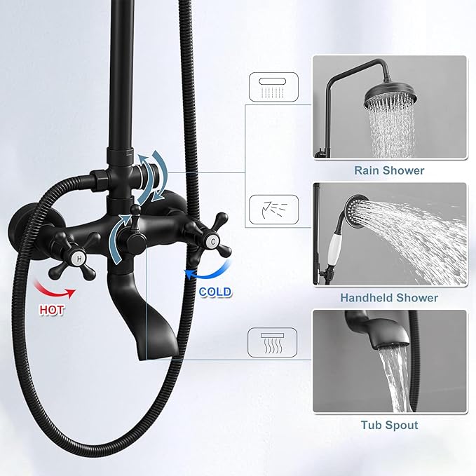 BWE Exposed Bathroom Shower Faucet Set Black Bathroom Shower Faucet Triple Functions 8 Inch Rainfall Shower Head Handheld Spray with Tub Spout Exposed Shower System Double Handle